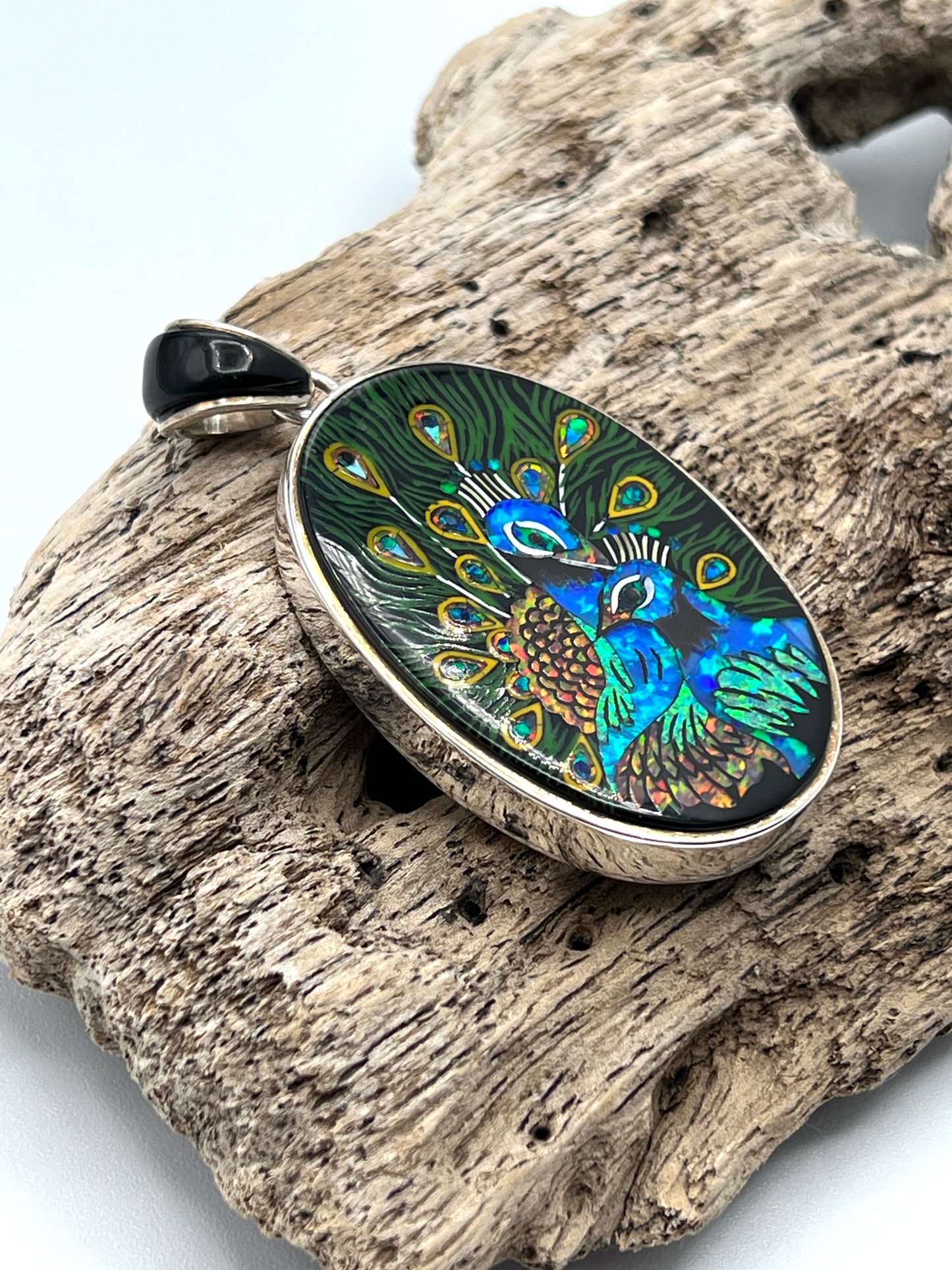 Rare Inlaid Gemstone Peacock Pendant by David Freeland