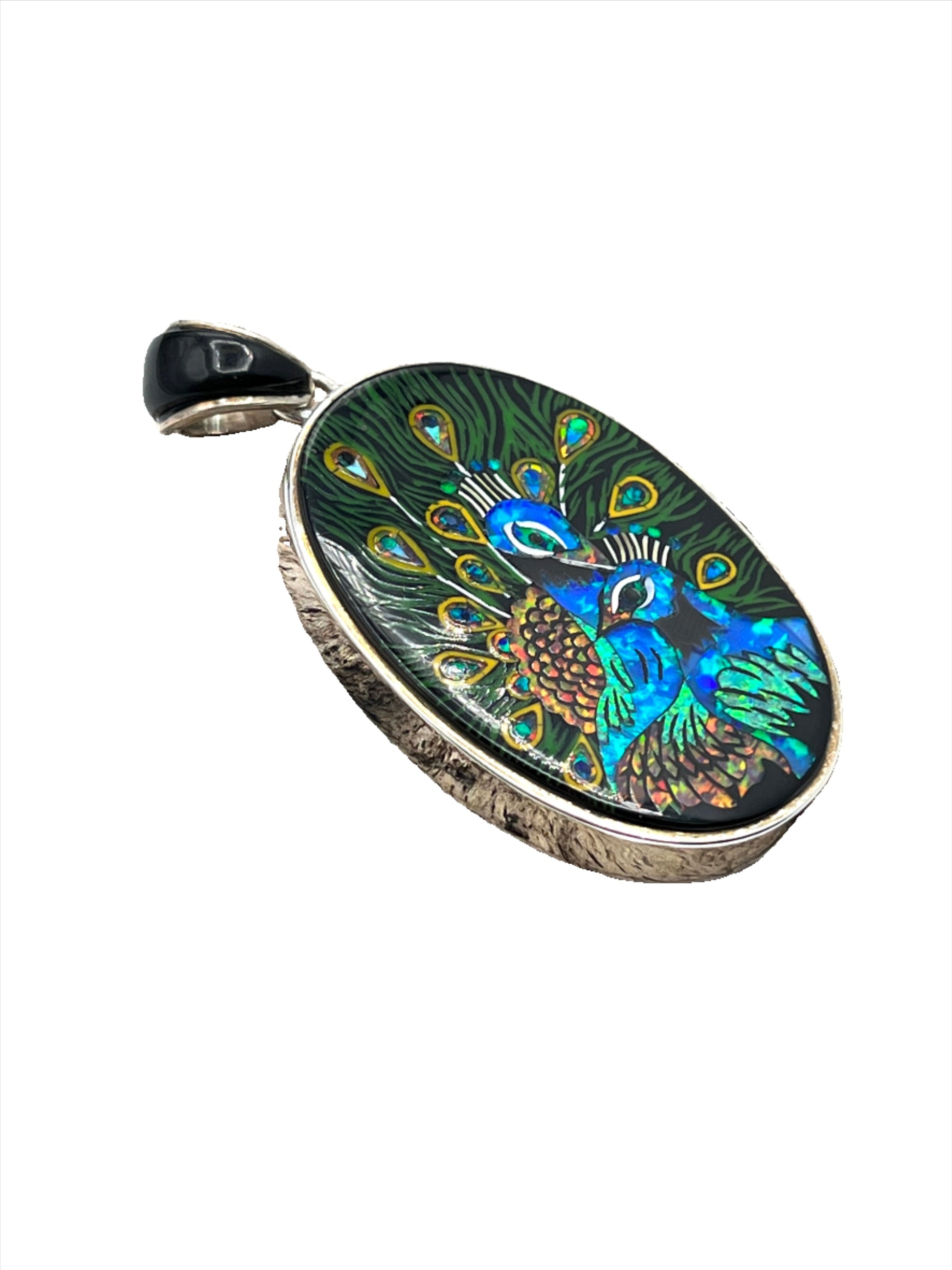 Rare Inlaid Gemstone Peacock Pendant by David Freeland Rare Inlaid Gemstone Peacock Pendant by David Freeland