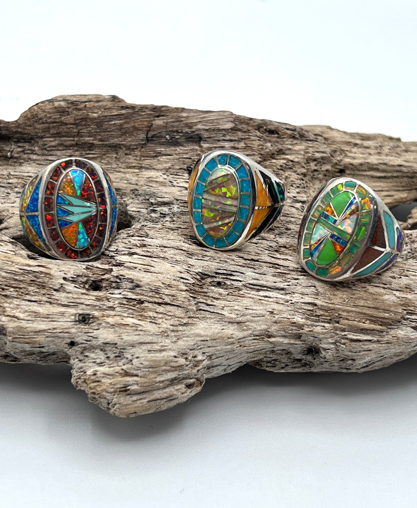 Rare Inlaid Gemstone Oval Opal Rings by David Freeland