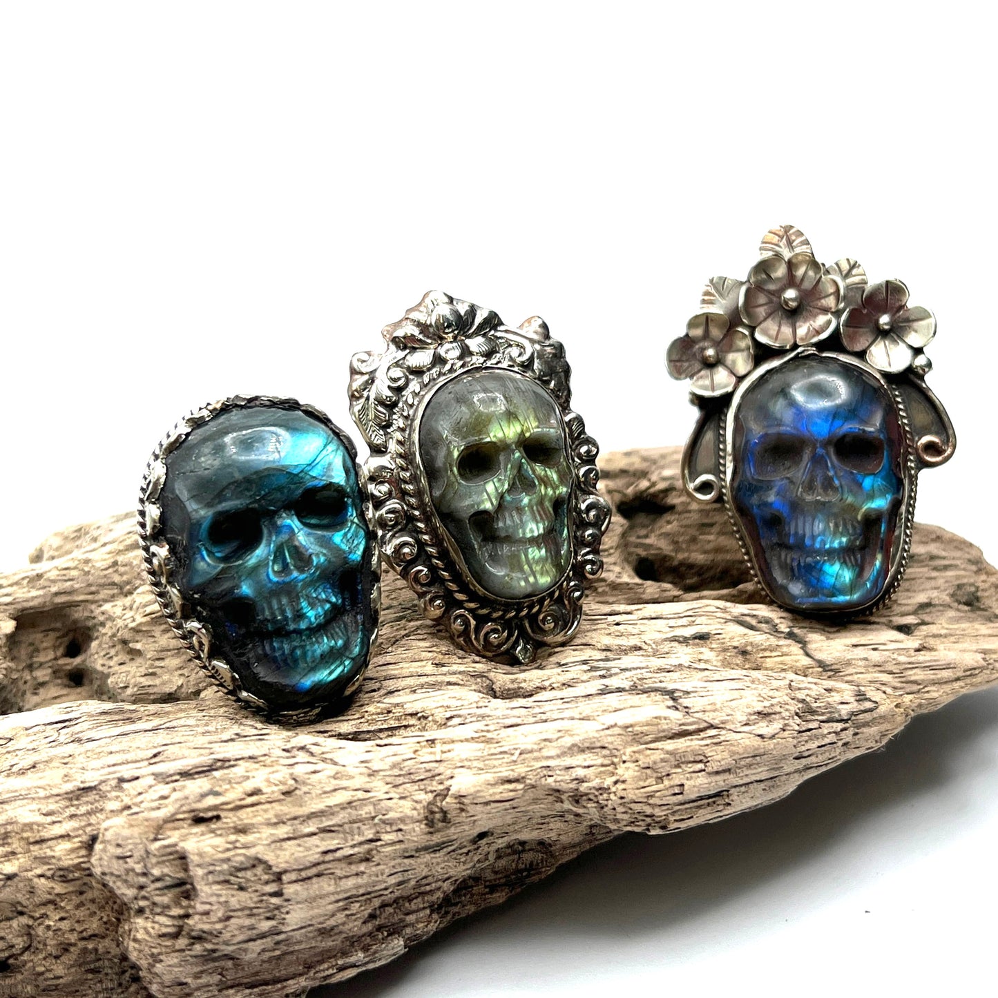 Carved Labradorite Skull Rings