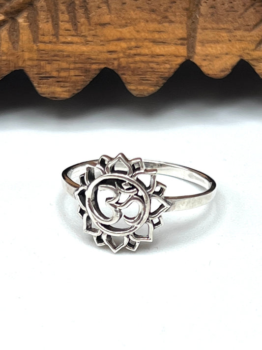 Sterling Silver Om Lotus Flower Ring