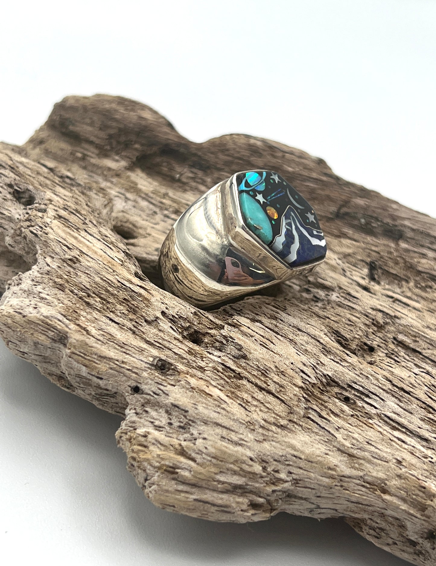 Rare Inlaid Gemstone Galaxy Mountain Ring by David Freeland