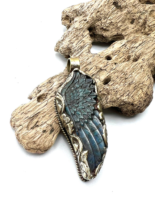 Carved Labradorite Angel Wing Pendants