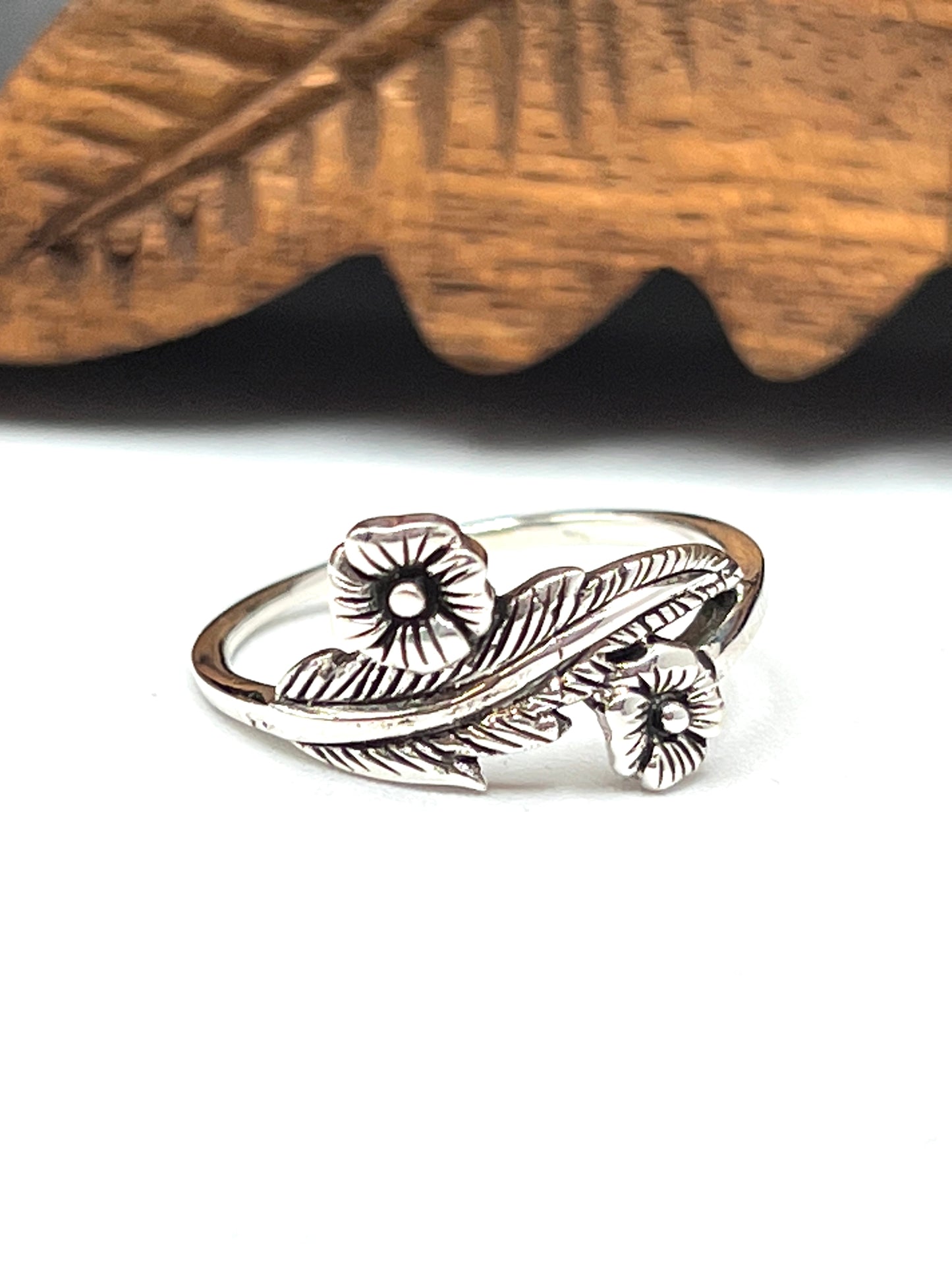 Two Flower with Leaf Silver Ring