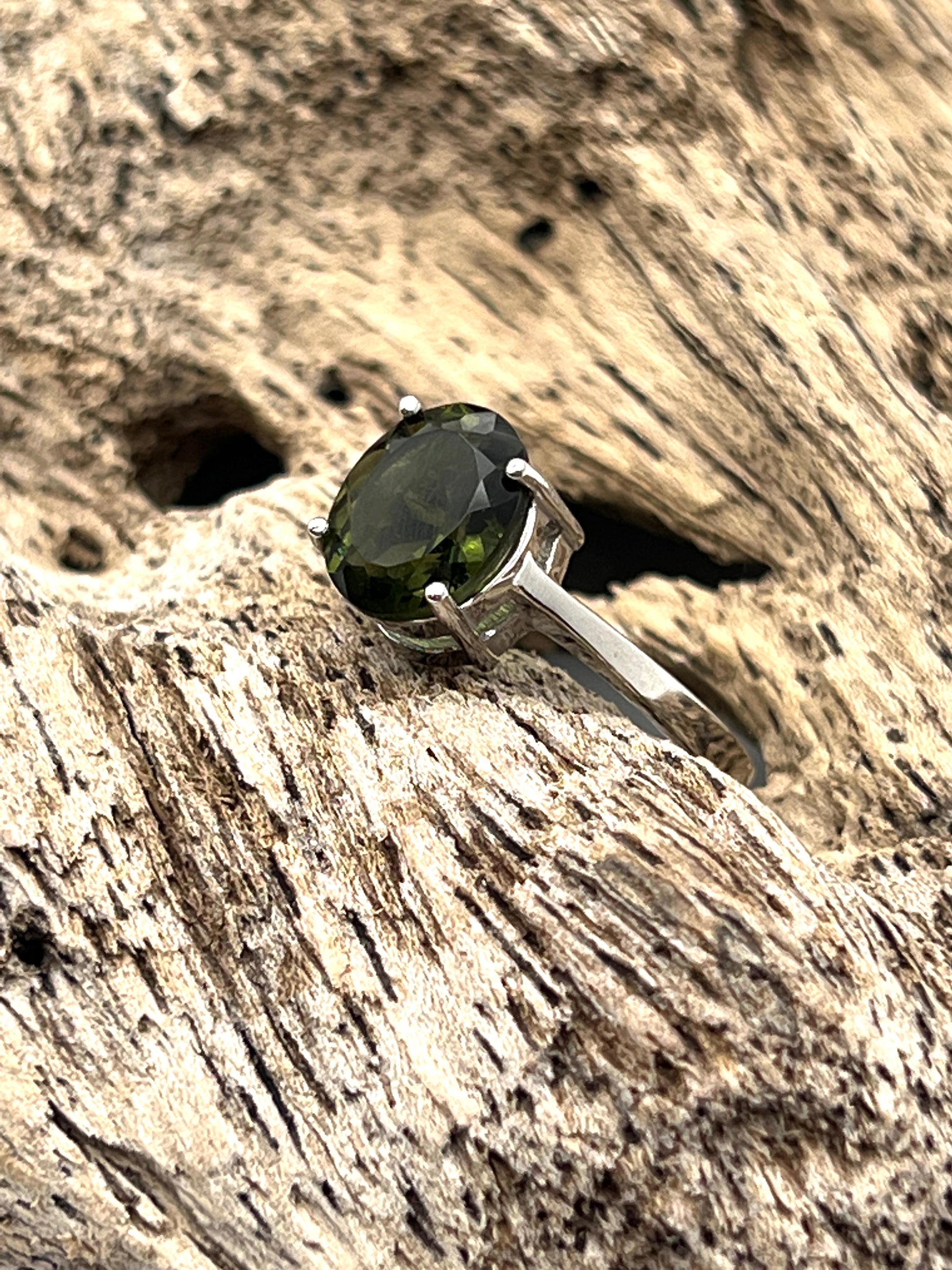 Moldavite faceted Polished Oval Ring Size 8.5