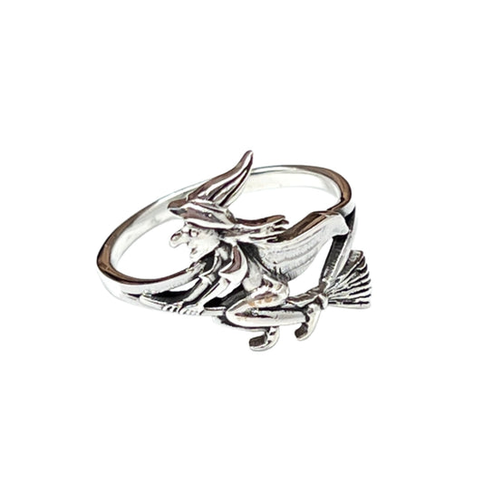 Sterling Silver Witch on Broomstick Ring