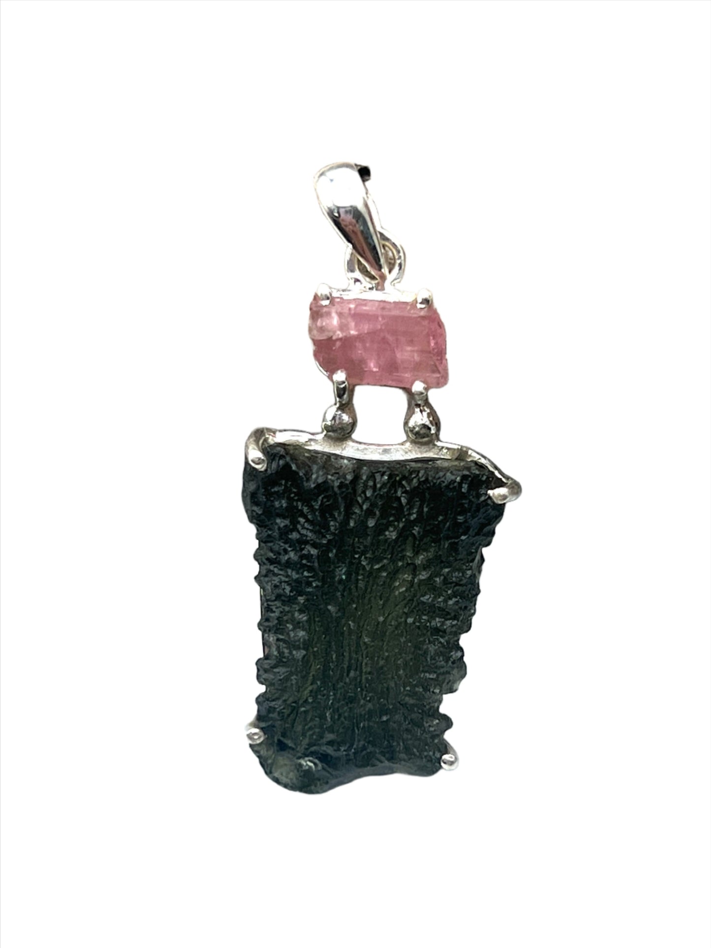 Sterling Silver Raw Moldavite with Pink Tourmaline Pendants