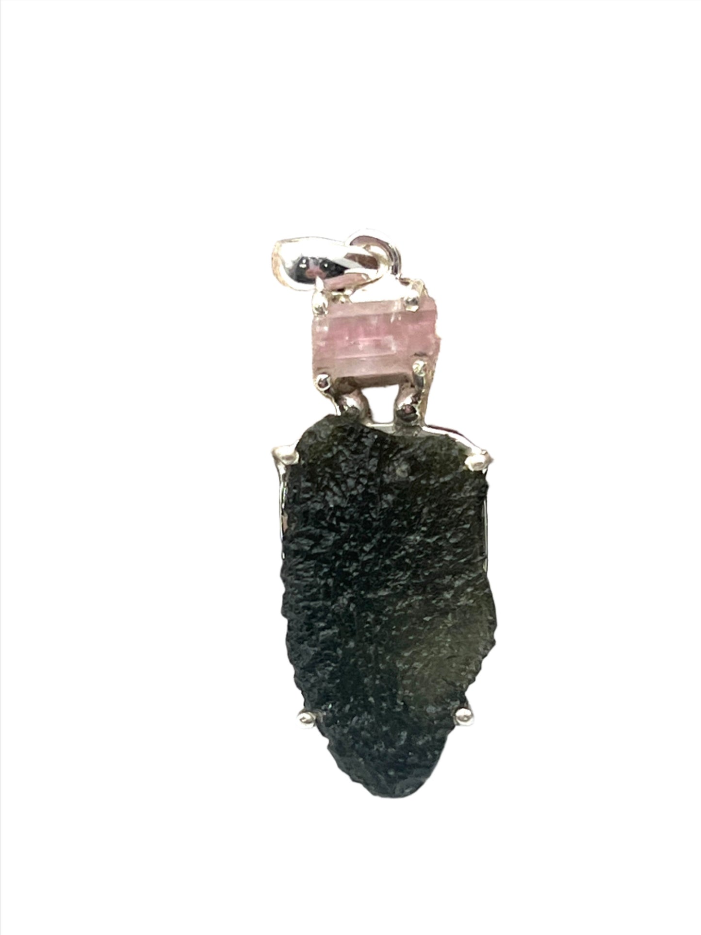 Sterling Silver Raw Moldavite with Pink Tourmaline Pendants