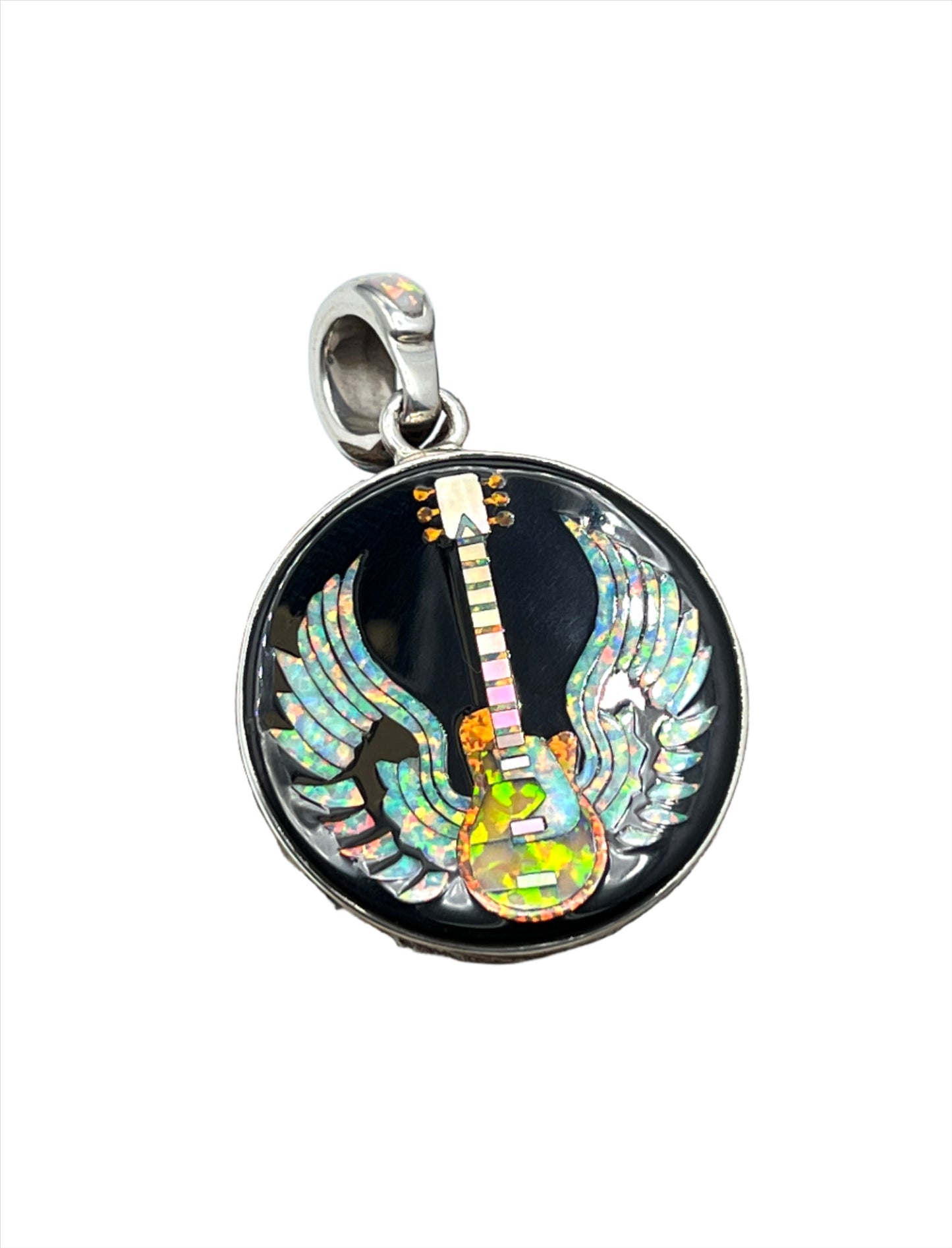 Rare Inlaid Gemstone Winged Guitar Pendant by David Freeland Rare Inlaid Gemstone Winged Guitar Pendant by David Freeland