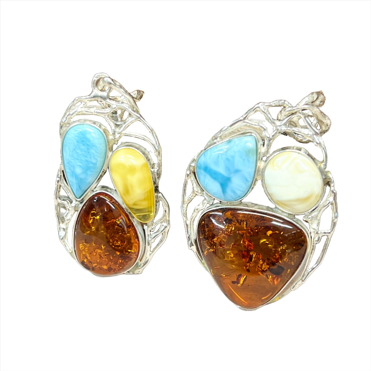 Sterling Silver Tri Gemstone Amber Pendants