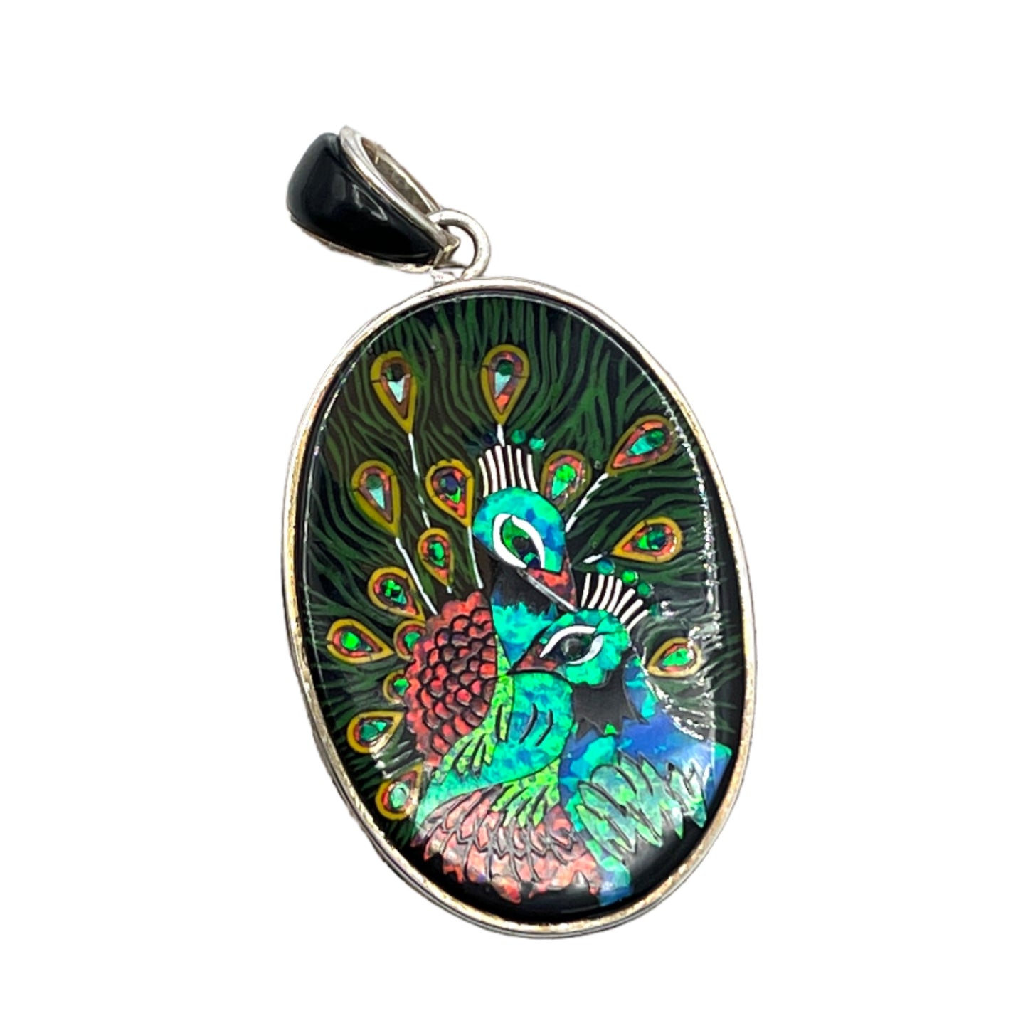 Rare Inlaid Gemstone Peacock Pendant by David Freeland Rare Inlaid Gemstone Peacock Pendant by David Freeland