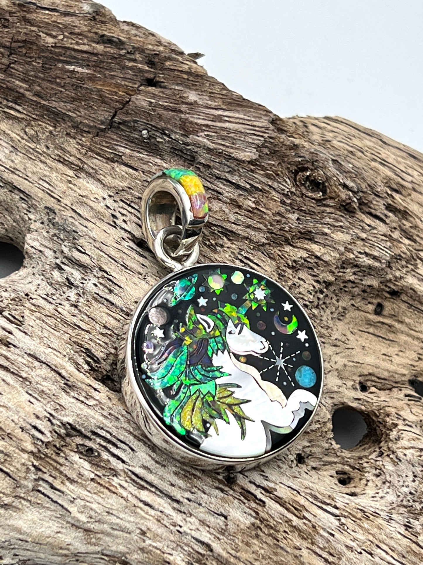 Rare Inlaid Gemstone Unicorn Pendant by David Freeland