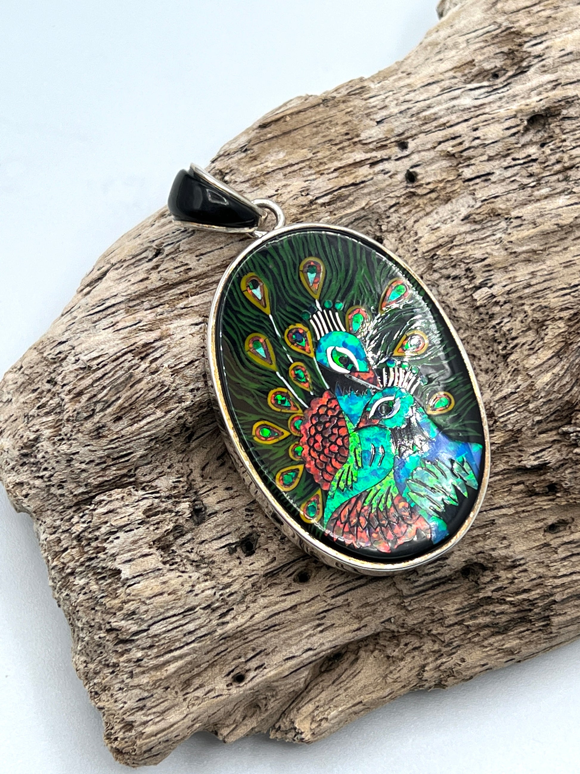 Rare Inlaid Gemstone Peacock Pendant by David Freeland Rare Inlaid Gemstone Peacock Pendant by David Freeland