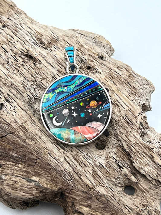 Rare Inlaid Gemstone Galaxy Pendant by David Freeland