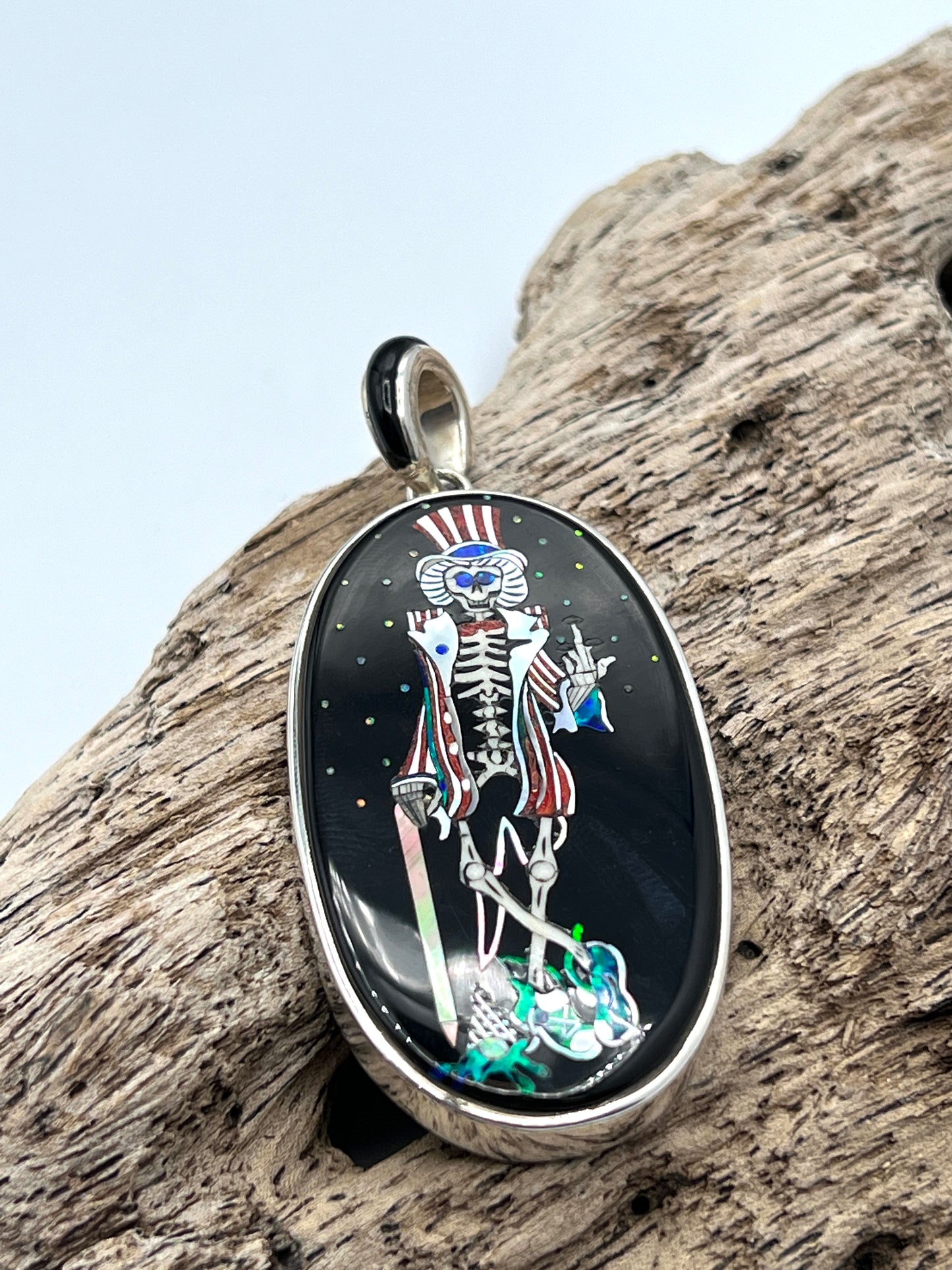 Rare Inlaid Gemstone Skeleton Sam Pendant by David Freeland