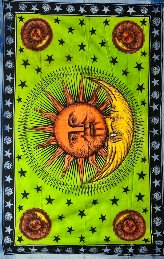 Hand printed Sun and Moon Tapestry