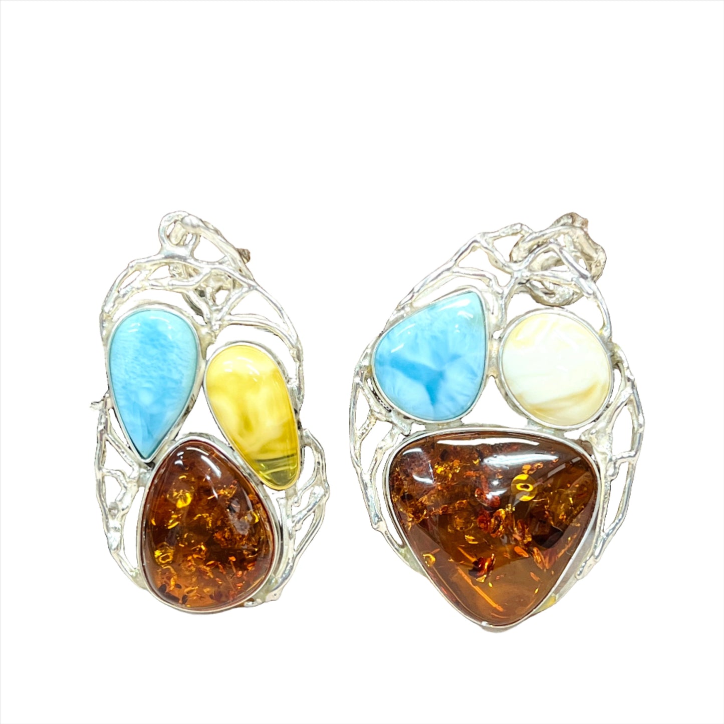 Sterling Silver Tri Gemstone Amber Pendants