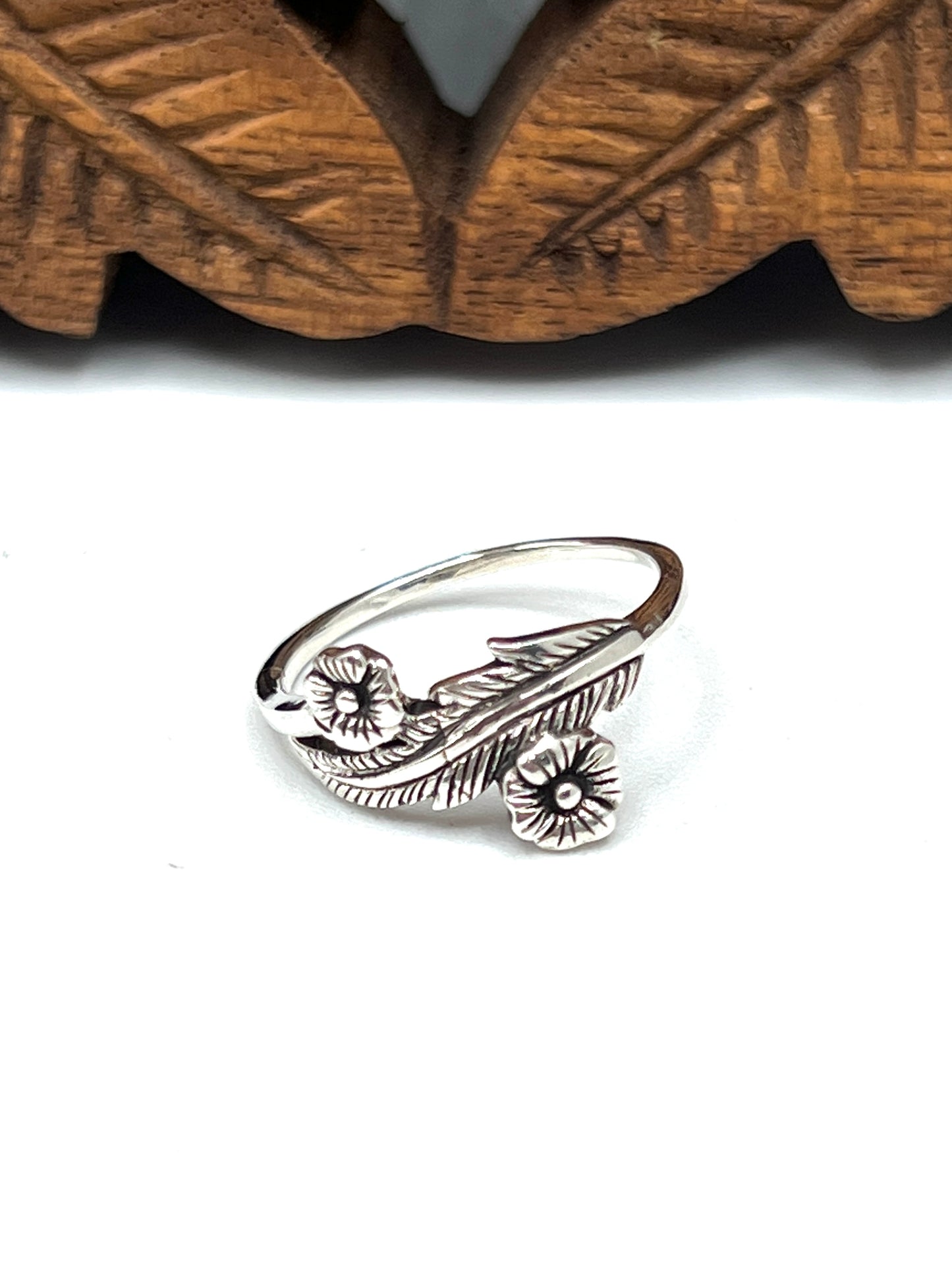 Two Flower with Leaf Silver Ring