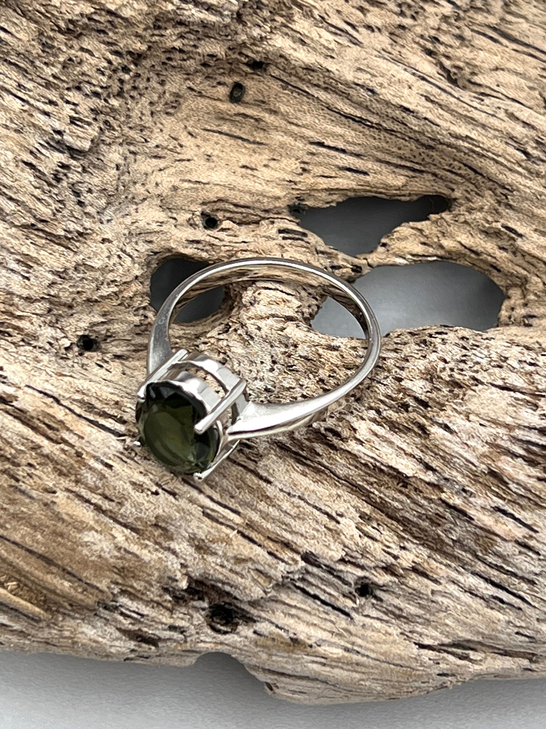 Moldavite faceted Polished Oval Ring Size 8.5