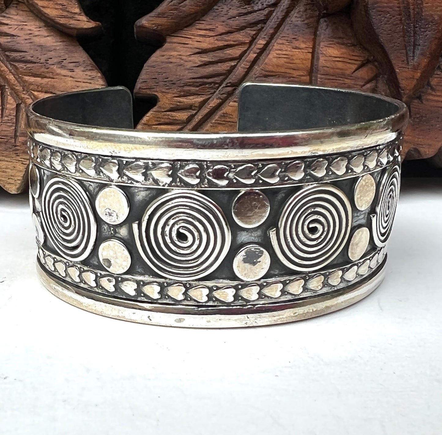 Vintage Rajasthani Sterling Silver Heart Swirl Cuff Bracelet